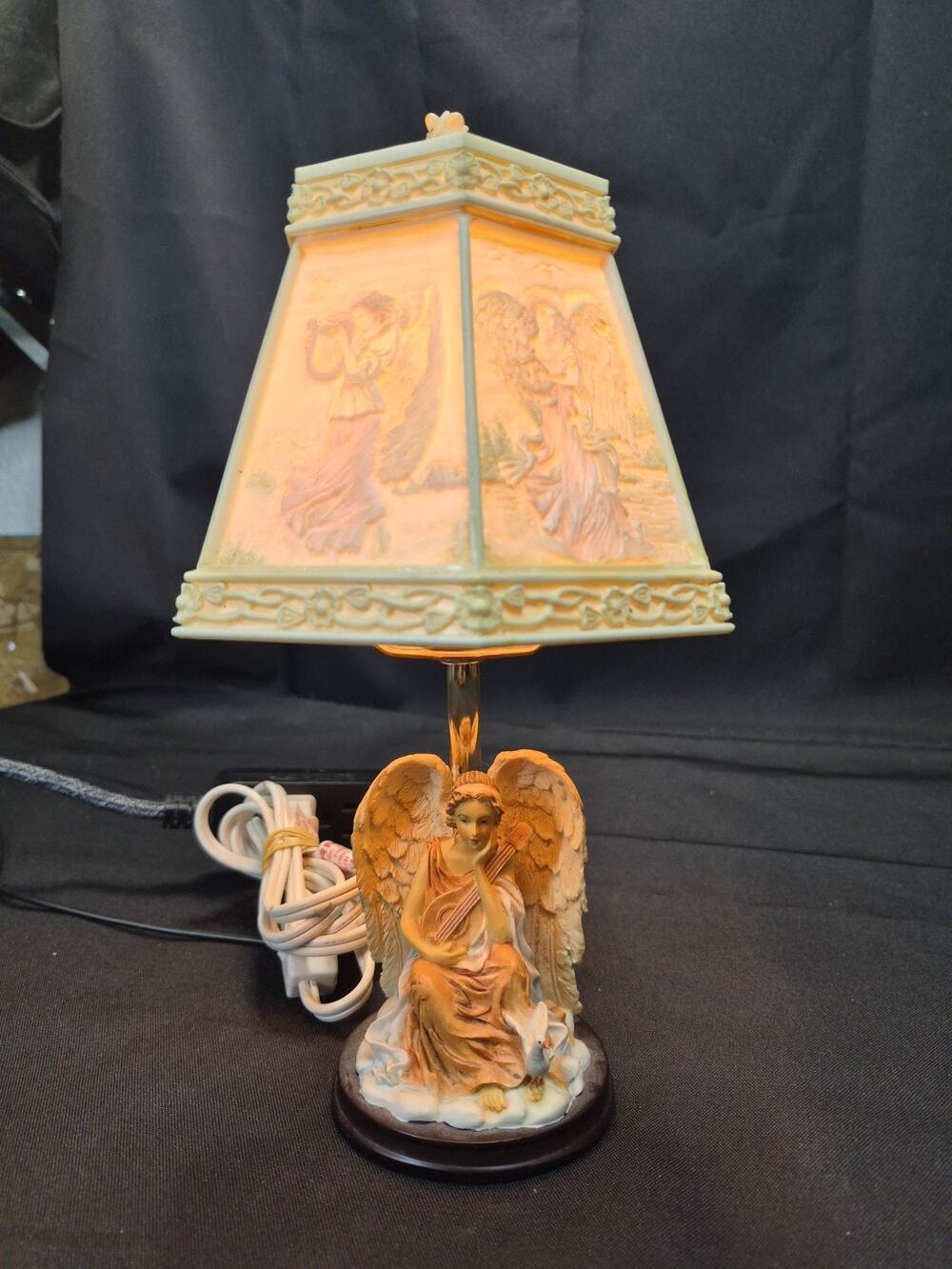 VTG Table Lamp Cherubs 6-Panel Lithopane Shade Angel Resin Romantic Cottage